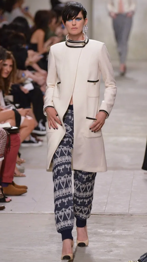 Chanel Cruise 2014 Navy and White Cashmere Knitted Trousers with Abstract Pattern and Silver and Blue Striped CC Logo Button Size FR 34 (UK 6)