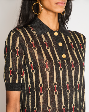 Gucci Black and Red Glitter Lamé Mini Dress with Horsebit Print and Gold Logo Button Details Size M (UK 10)