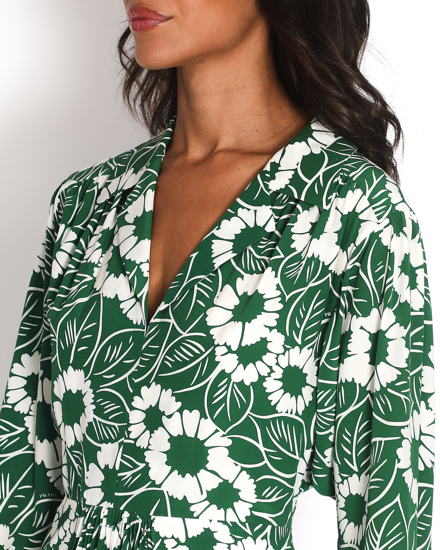 Prada 2021 Green and White Floral Printed Silk Midi Dress Size IT 42 (UK 10)