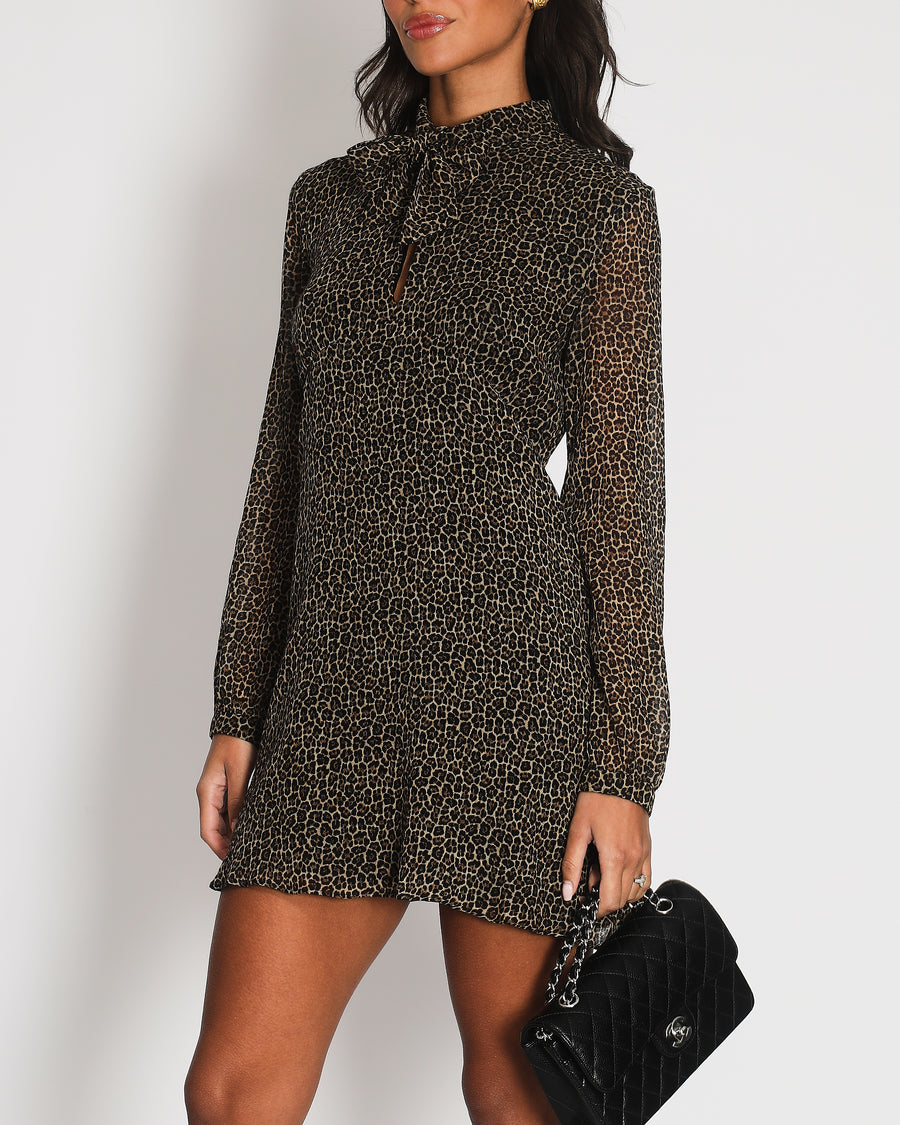 Saint Laurent Brown Leopard Wool Long-Sleeve Dress with Ribbon Detail Size FR 42 (UK 14)