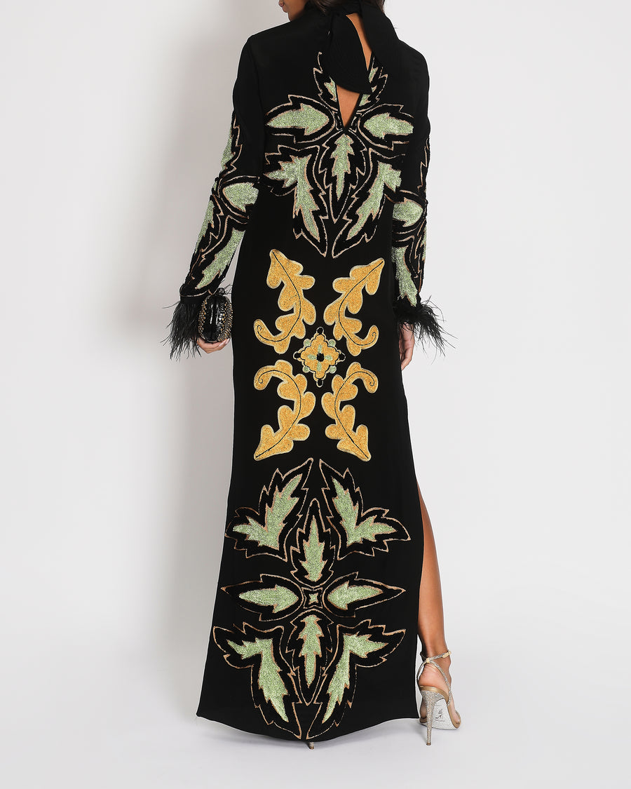 Johanna Ortiz Black, Green Yellow Uzbek Appliquéd Feather Trimmed Silk Maxi Dress Size US 2 (UK 6) RRP £4951