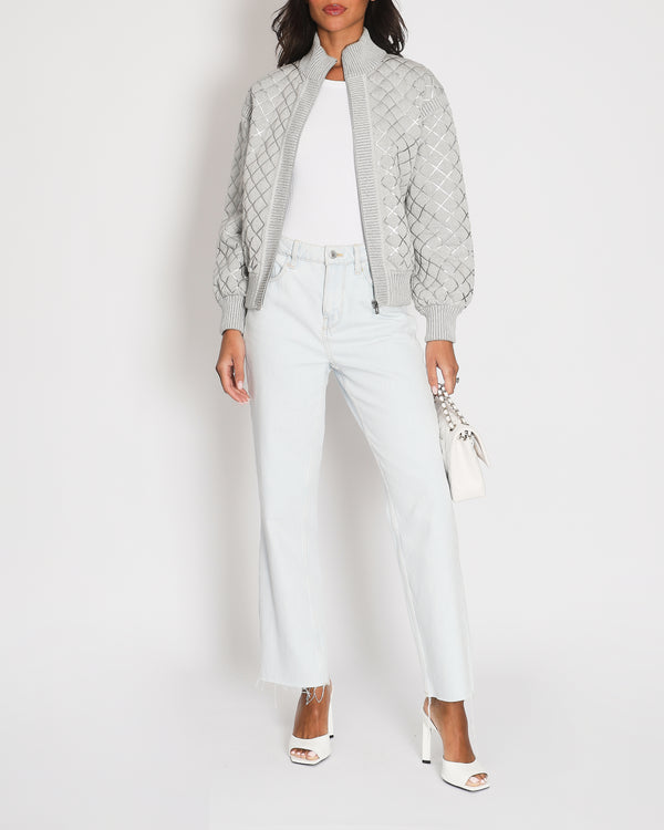 Chanel Grey Silver Metallic Quilted Bomber Jacket Size FR 36 (UK 8)