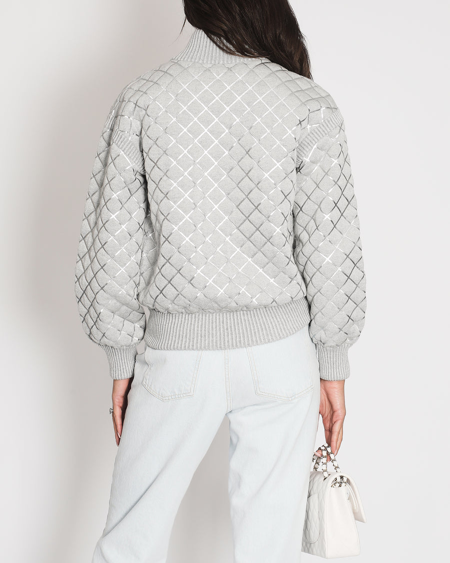 Chanel Grey Silver Metallic Quilted Bomber Jacket Size FR 36 (UK 8)
