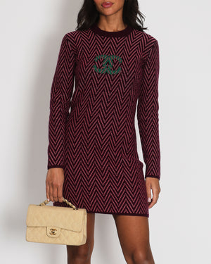 Chanel Purple, Green Zig Zag Cashmere Dress with CC Logo Size FR 36 (UK 8)