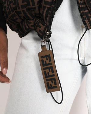 Fendi Black & Brown FF Monogram Print Reversible Hooded Puffer Jacket with Rubber FF Logo Zipper Detail Size S (UK 6)
