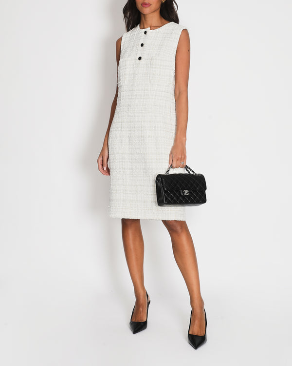 *HOT* Chanel 21A Ivory Tweed Runway Sleeveless Dress with Black Velvet & Pearl Button Detail FR 40 (UK 12) RRP £6120