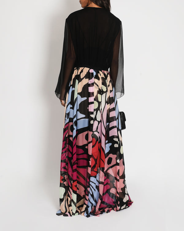 *RUNWAY* Chanel Black & Multi-Coloured Silk Sheer Butterfly Maxi Dress with CC Button Detail FR 42 (UK 14)