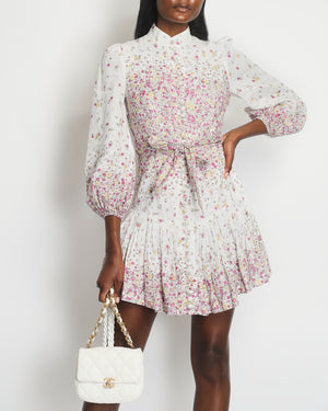 Zimmermann White, Pink Linen Long-Sleeve Mini Floral Dress with Belt Detailing Size 2 (UK 12)