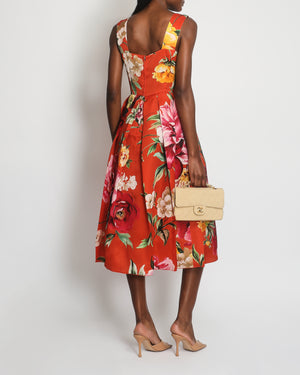 Dolce & Gabbana Orange Floral Silk Midi Dress with Rose Appliqué Details Size IT 42 (UK 10)