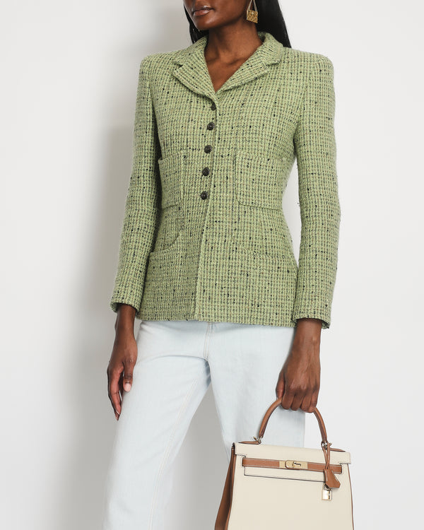 Chanel Matcha Green Vintage Tweed Jacket with Ruthenium CC Logo Buttons Detail Size FR 40 (UK 12)