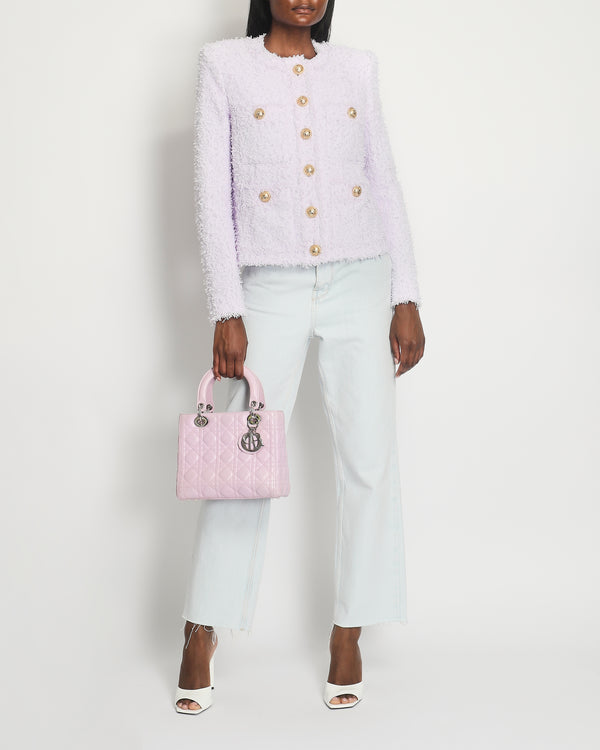 Balmain Lilac Fringed Tweed Four Pockets Jacket with Gold Engraved Buttons Size FR 38 (UK 10)