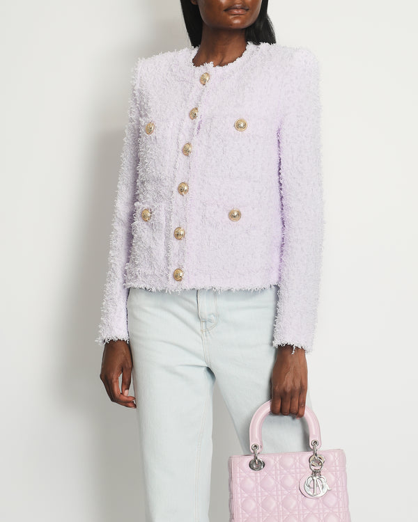 Balmain Lilac Fringed Tweed Four Pockets Jacket with Gold Engraved Buttons Size FR 38 (UK 10)