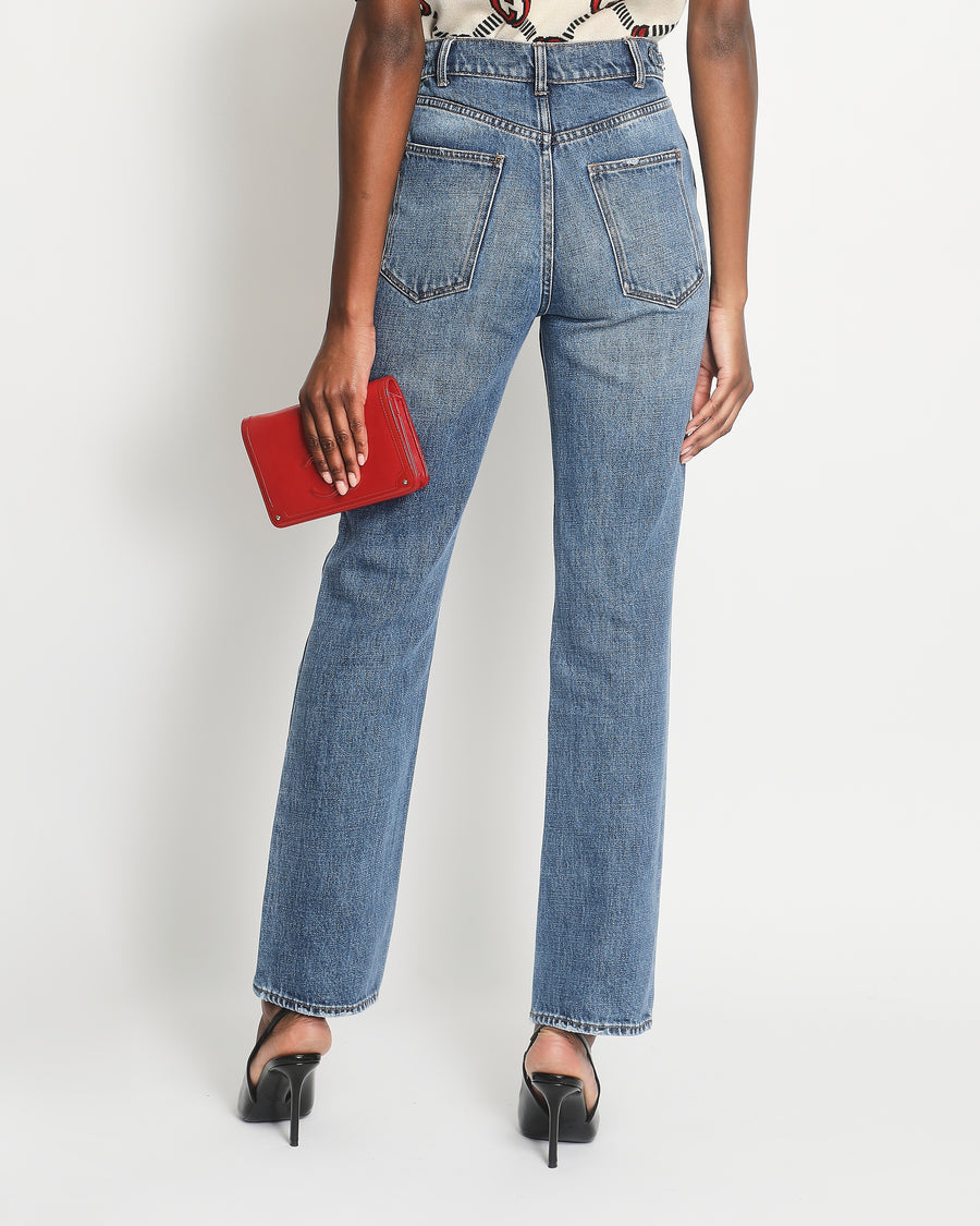 Celine Washed Blue High-Waisted Straight Jeans with Gold Hardware Detail on the Waistband Size 26 (UK 8)