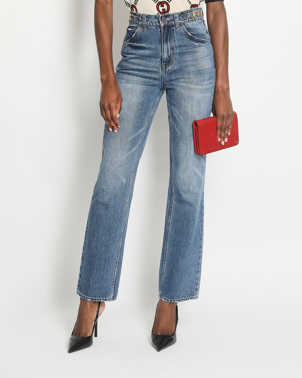 Celine Washed Blue High-Waisted Straight Jeans with Gold Hardware Detail on the Waistband Size 26 (UK 10)