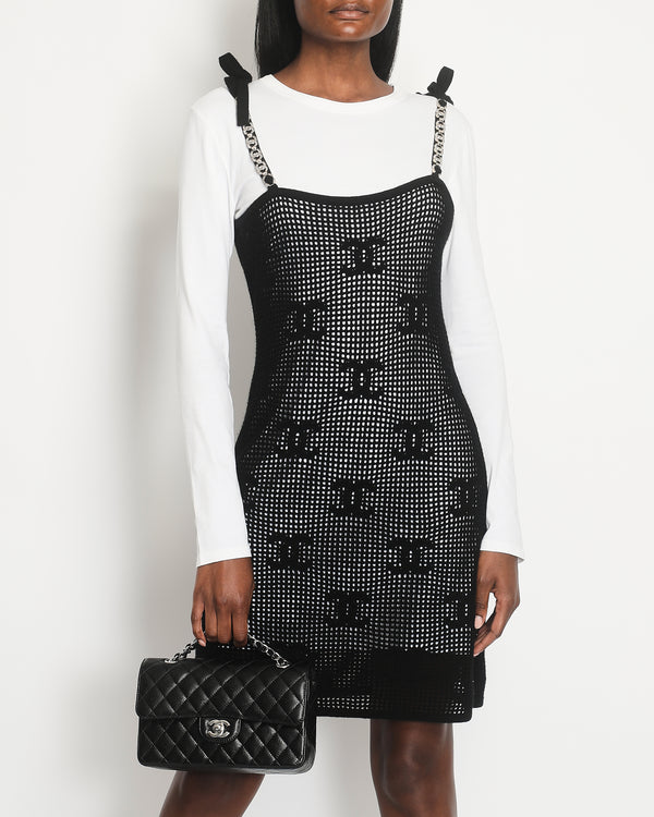 *HOT* Chanel Black Mini Knitted Dress with White T-Shirt and Crystal Logo Embellishments Size FR L (UK 12-14)