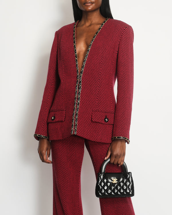 *HOT* Chanel 20A Red, Black Tweed Jacket and  Wide-Leg Trouser Set with Gold, Black Sequin Chain Trim Detail and CC Buttons Size FR 42 (UK 14) Jacket RRP £7,730