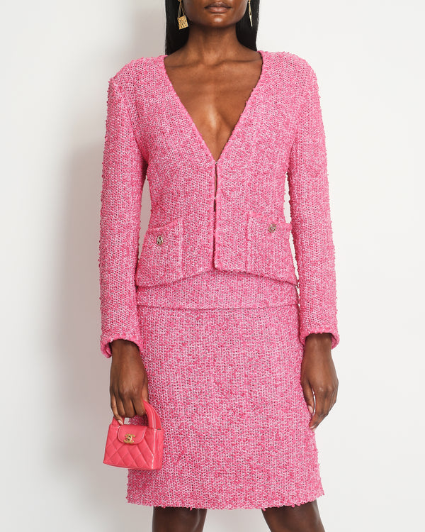 *HOT* Chanel 21C Pink Tweed Jacket and Skirt Set with CC Logo Buttons Size FR 42 (UK 14)