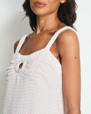 Chanel 19C Pink & White La Pausa Tweed Mini Sleeveless Dress with Crystal Logo Detail Size FR 36 (UK 8)