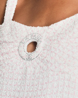 Chanel 19C Pink & White La Pausa Tweed Mini Sleeveless Dress with Crystal Logo Detail Size FR 36 (UK 8)