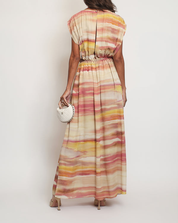 Loro Piana Beige/Rose/Yellow Crepe Silk Long Dress with Round Ruched Neck IT 42 (UK 10)