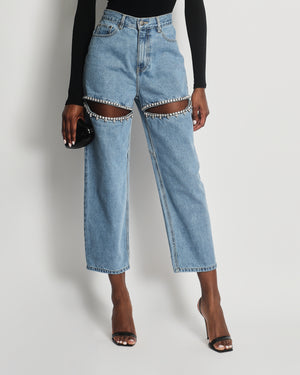 AREA Blue Denim High-Waist Jeans with Crystal Cut Out Detail Size US 2 (UK 6)