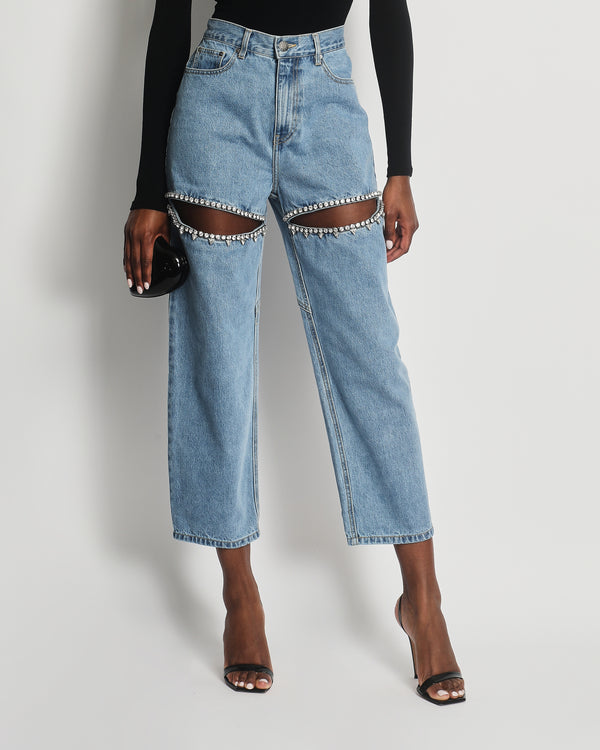 AREA Blue Denim High-Waist Jeans with Crystal Cut Out Detail Size US 2 (UK 6)