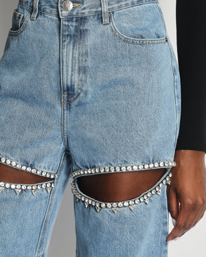 AREA Blue Denim High-Waist Jeans with Crystal Cut Out Detail Size US 2 (UK 6)