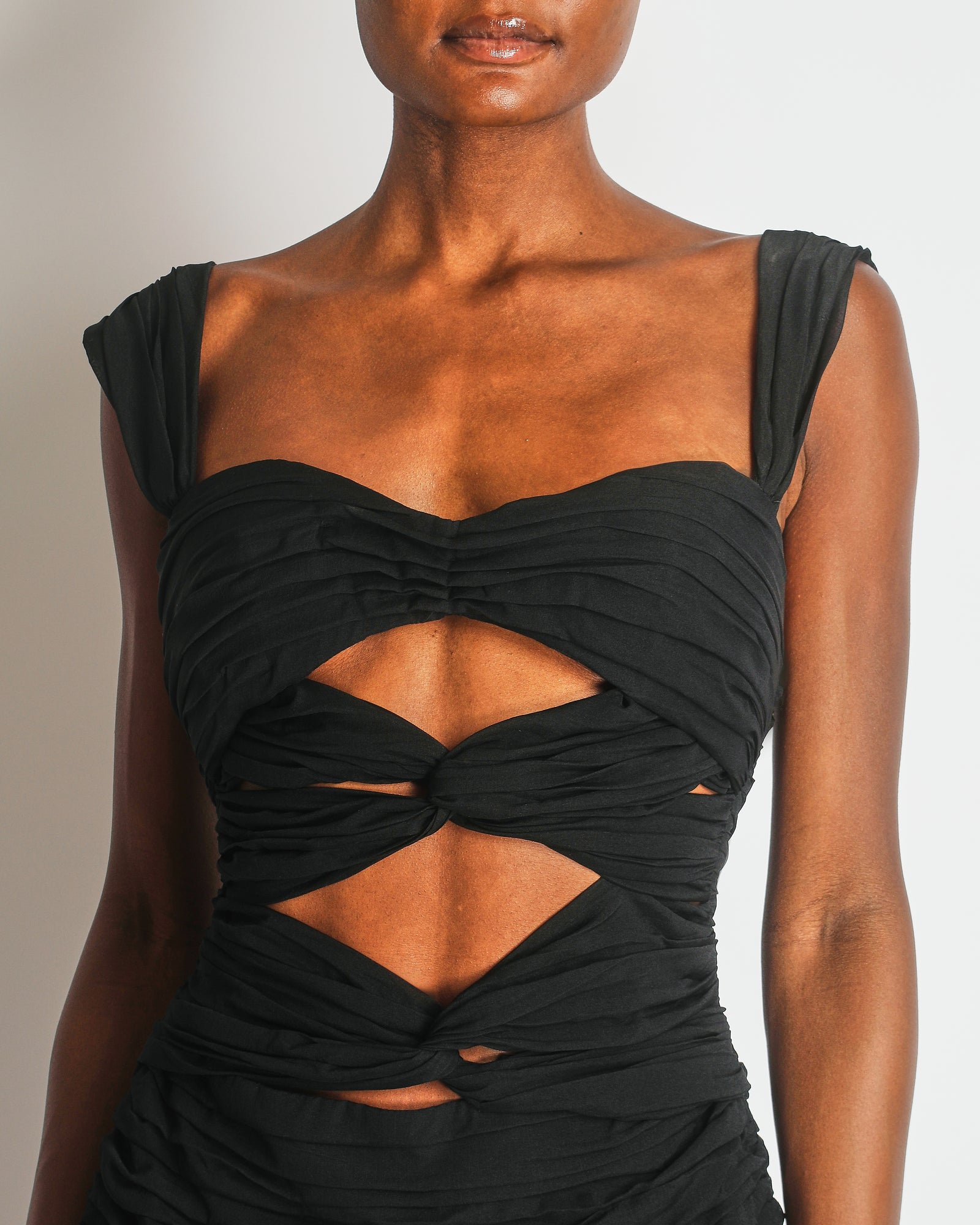 Magda Butrym Black Silk Mini Ruched Dress with Cut-Out