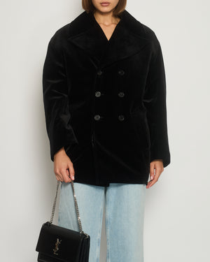 Saint Laurent Black Velvet "YSL" Embellished Double Breasted Coat O/S