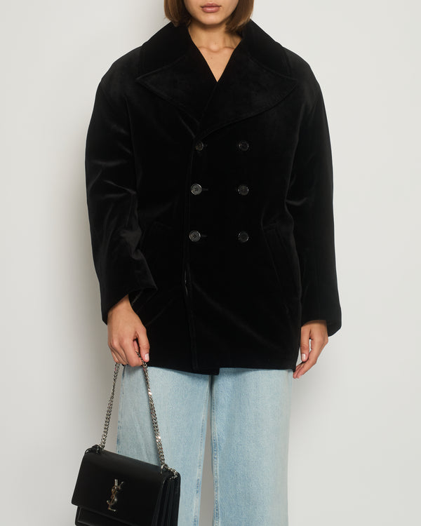 Saint Laurent Black Velvet "YSL" Embellished Double Breasted Coat O/S