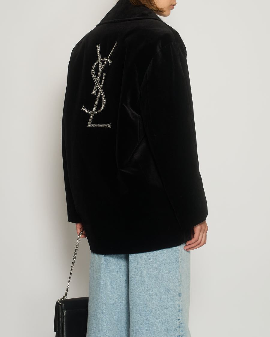 Saint Laurent Black Velvet "YSL" Embellished Double Breasted Coat O/S