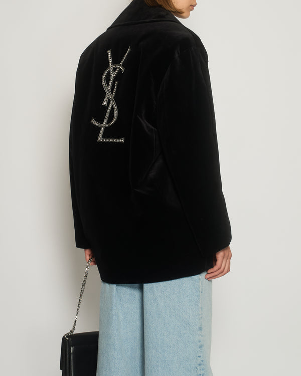 Saint Laurent Black Velvet "YSL" Embellished Double Breasted Coat O/S