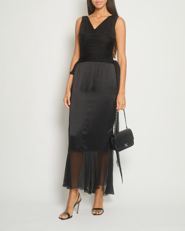 Chanel Black 06A V-Neck Silk and Chiffon Maxi Dress with Ruching Size FR 38 (UK 10)
