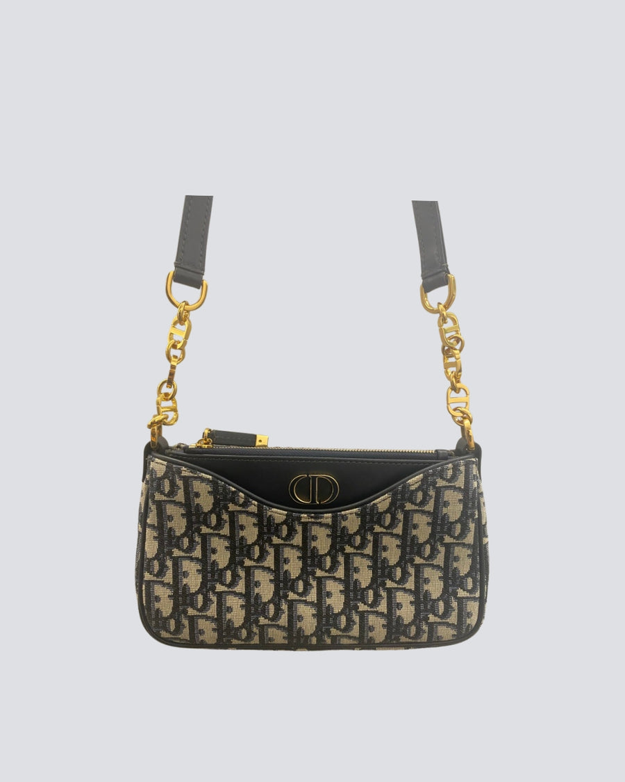 Christian Dior Navy Blue Oblique 30 Montaigne Mini Hobo Avenue Bag With Gold Hardware