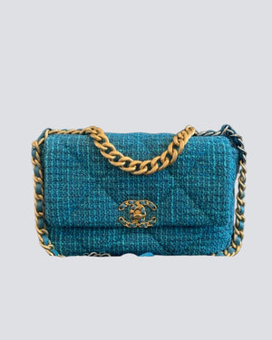 Chanel Blue Turquoise Tweed Chanel 19 Bag With Tri Colour Hardware