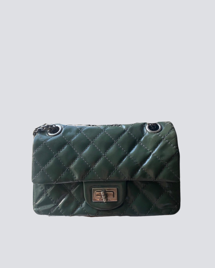 Chanel Patent Leather Olive Green Classic Flap With Silver Hardware