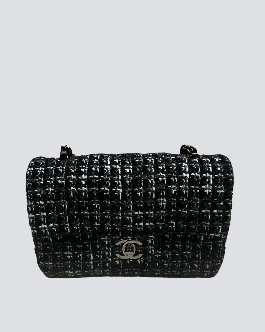 Chanel Black, Turquoise & Silver Tweed Mini Rectangular Classic Flap Bag with Silver Hardware