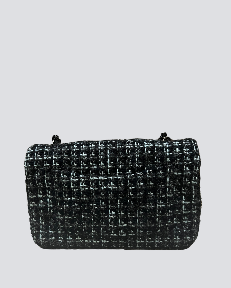 Chanel Black, Turquoise & Silver Tweed Mini Rectangular Classic Flap Bag with Silver Hardware