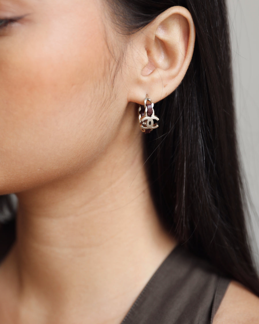 Chanel 15/B Champagne Gold Interlocking CC Weaved Leather Chain Earrings