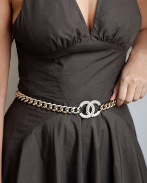 Chanel CC Gold Plated Curb Chain Necklace with CC Crystal Logo Detail