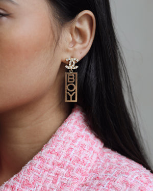 Chanel 22P Gold Crystal CC Earrings Drop BOY Pendant
