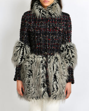 Chanel Fall 2010 Runway Black Tweed Coat with Grey Faux Fur Details and Silver Gold Aged CC Logo Buttons Size FR 42 (UK 14)