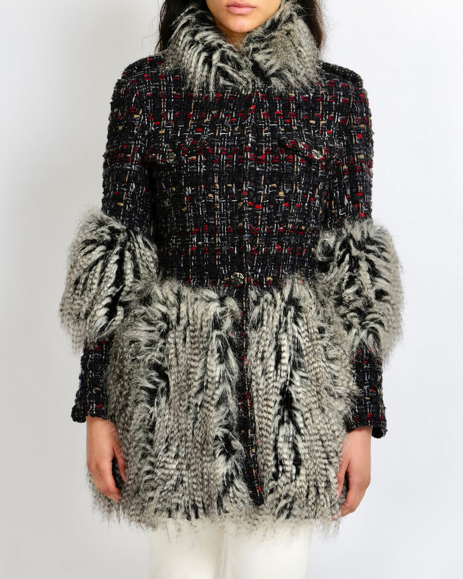 Chanel Fall 2010 Runway Black Tweed Coat with Grey Faux Fur Details and Silver Gold Aged CC Logo Buttons Size FR 42 (UK 14)