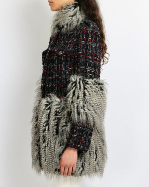 Chanel Fall 2010 Runway Black Tweed Coat with Grey Faux Fur Details and Silver Gold Aged CC Logo Buttons Size FR 42 (UK 14)