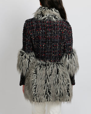 Chanel Fall 2010 Runway Black Tweed Coat with Grey Faux Fur Details and Silver Gold Aged CC Logo Buttons Size FR 42 (UK 14)