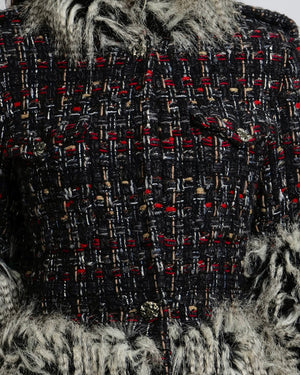 Chanel Fall 2010 Runway Black Tweed Coat with Grey Faux Fur Details and Silver Gold Aged CC Logo Buttons Size FR 42 (UK 14)