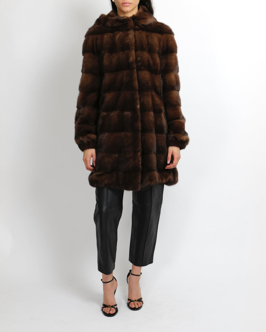 245 Saint Honoré Brown Mink Fur Hooded Coat Size FR 36 (UK 8)