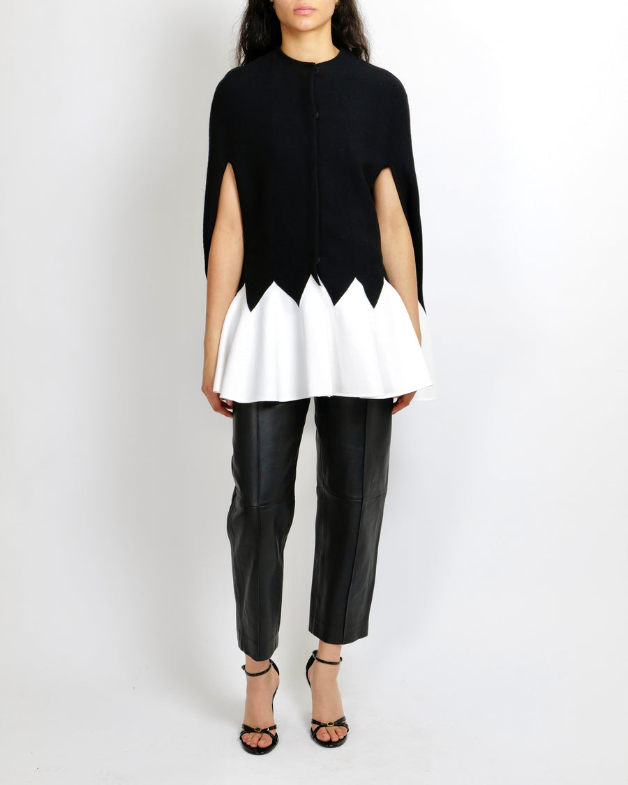 Alexander Mcqueen Black Wool-Blend Cape with Cream ZigZag Contrast Size M (UK 10) RRP £1,780