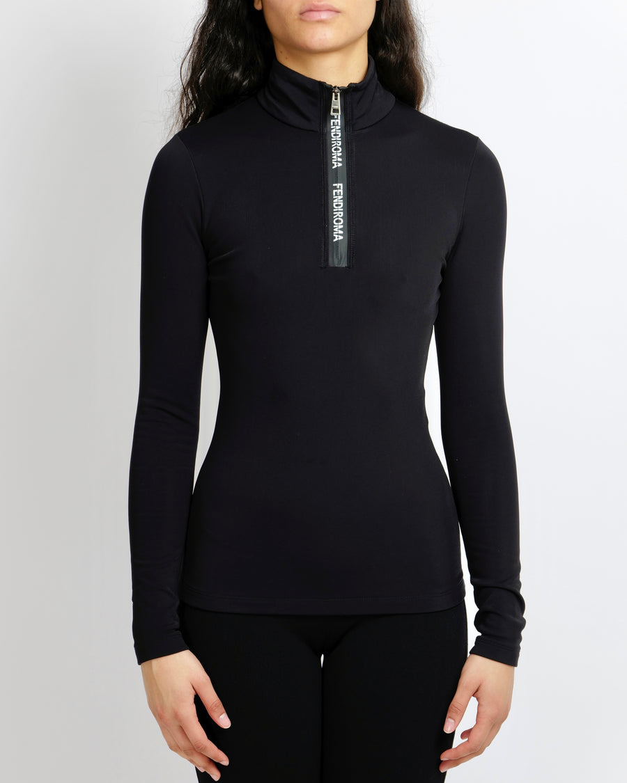 Fendi Black Technical High-Neck Top with White Logo Zipper Detail Size IT 38 (UK 6)