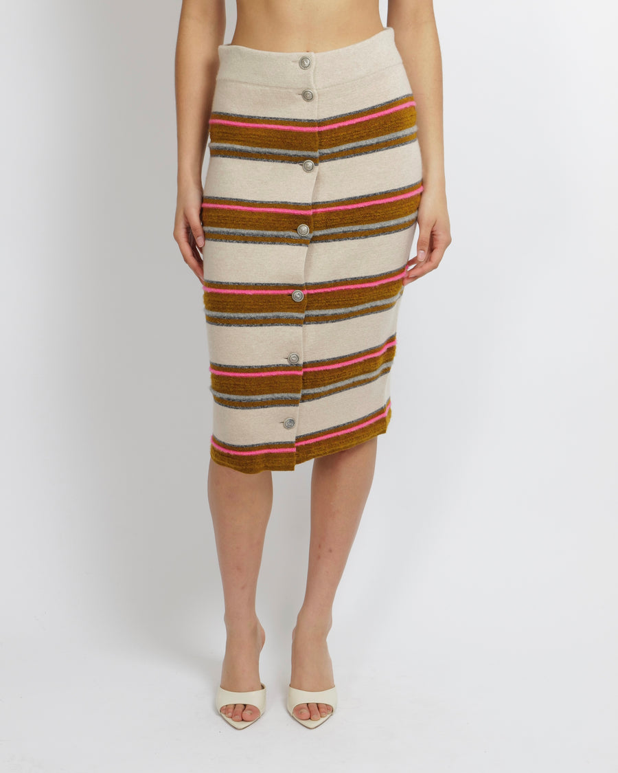 Chanel Pre-Fall 2014 Dallas Beige, Brown and Pink Cashmere Midi Skirt with Silver Star Buttons Size FR 36 (UK 8)